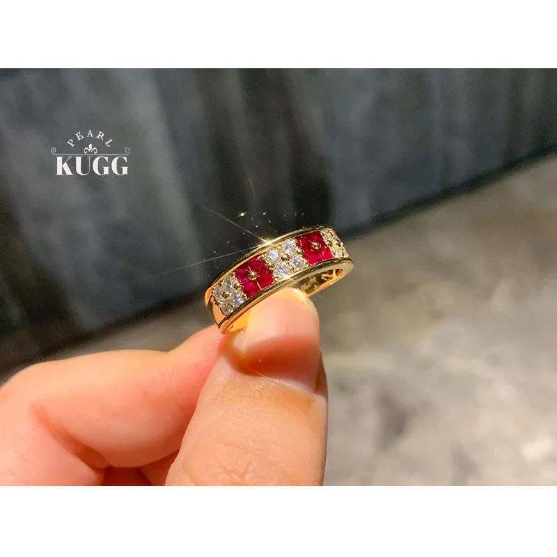 

KUGG 100% 18K Yellow Gold Rings Luxury Palace Style Shiny Diamond Natural Ruby Ring for Women Wedding High Party Jewelry