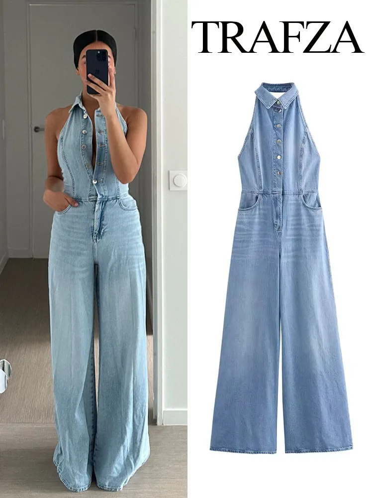 ​​TRAFZA Women Fashion Jumpsuit Denim Blue Sleeveless Backless Pockets Single Breasted Female Summer High Street Jumpsuits