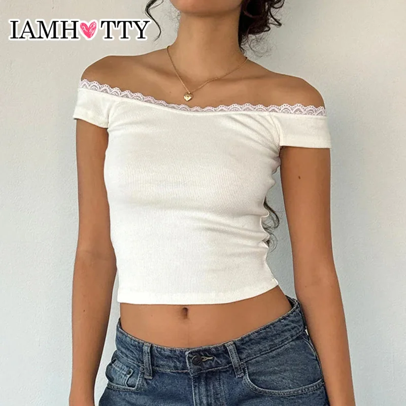 IAMHOTTY Elegant Lace Stitching Slash Neck Cropped Top Women Coquette Aesthetic French Style Slim-fit T-shirt Summer Casual Tees