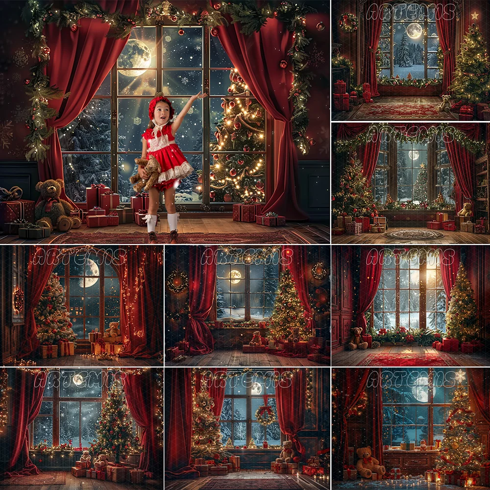 Christmas Background Garlands Presents Window Red Curtains Dark Night Sky Stars Moon Festive Decorations Photo Studio Photocall