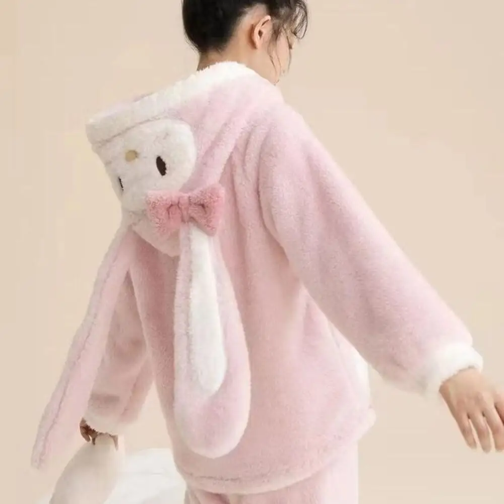 

Милый плюшевый пижамный костюм My Melody для девочек Sanrio, утепленная домашняя одежда с капюшоном в стиле аниме, женский кавайный зимний милый теплый топ и брюки, комплект