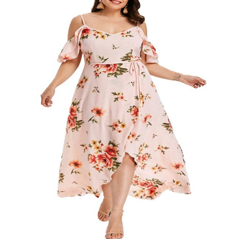 

Летнее новое модное женское платье больших размеров с разрезом и принтом, подтяжки с короткими рукавами, топ-труба, сексуальное платье