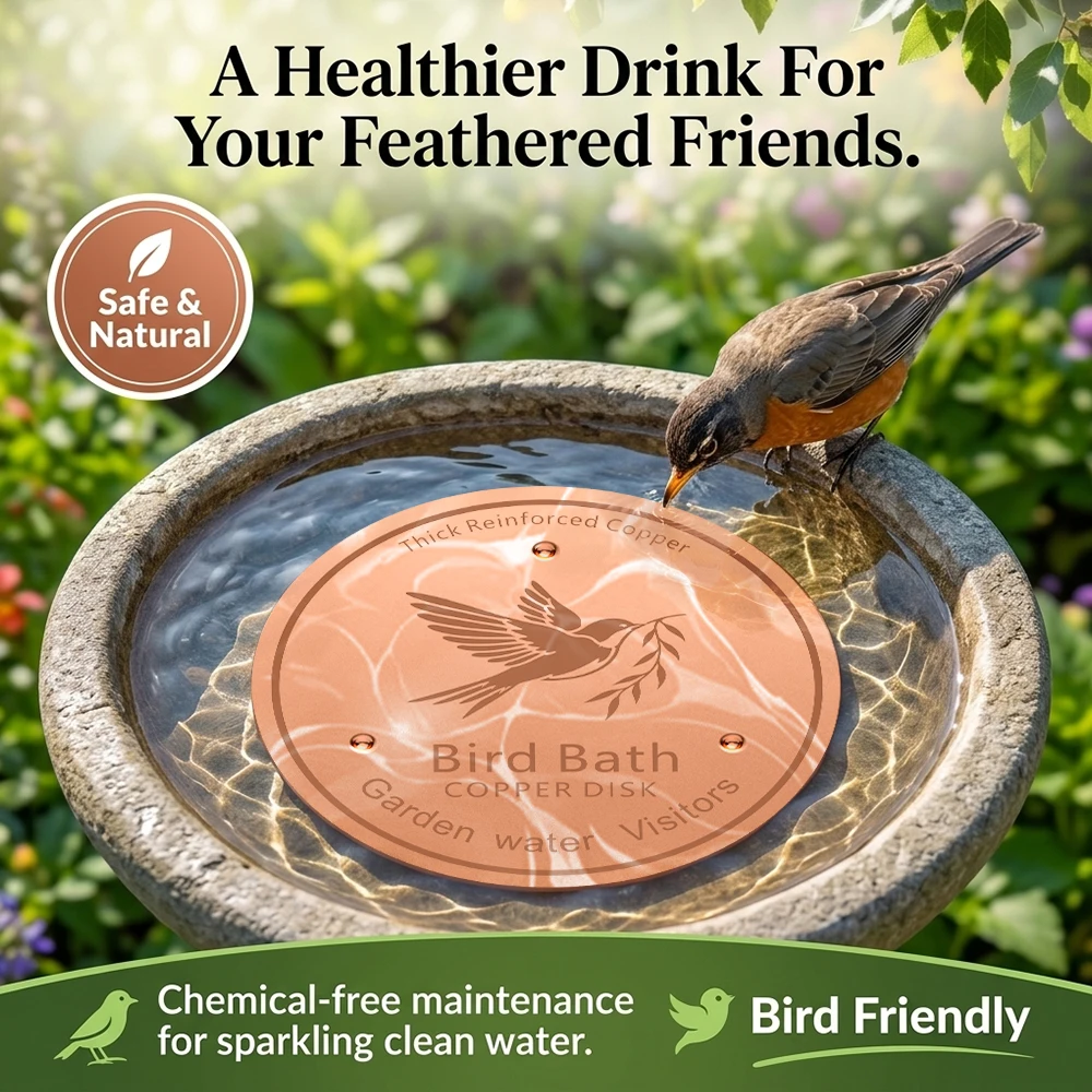 Thick Reinforced Copper Bird Bath Disk with Bird and Leaf Engraving for Garden Water Visitors