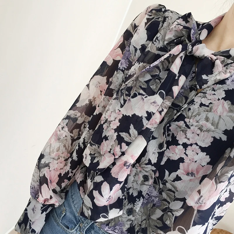 Chic Chiffon Shirts Long Sleeve Printed Floral Tie Blouse Female 2025 New Loose Casual Office Ladies Tops