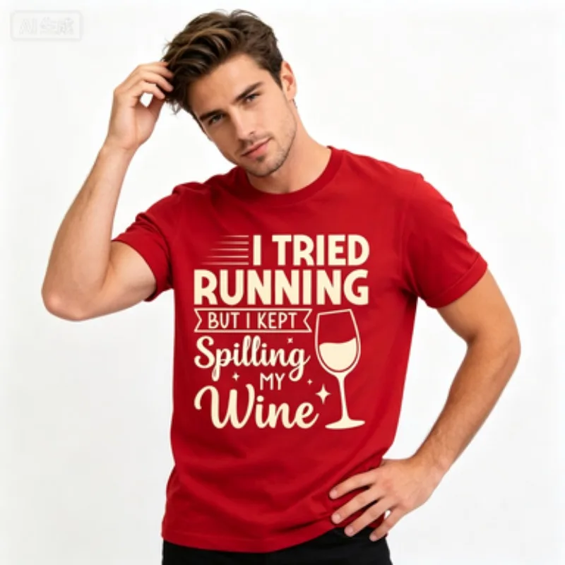 T‑Shirt I Tried Running But I Kept Spilling My Wine Graphic Crew Neck Short Sleeve Tee Casual Streetwear Tops For Party Occasion