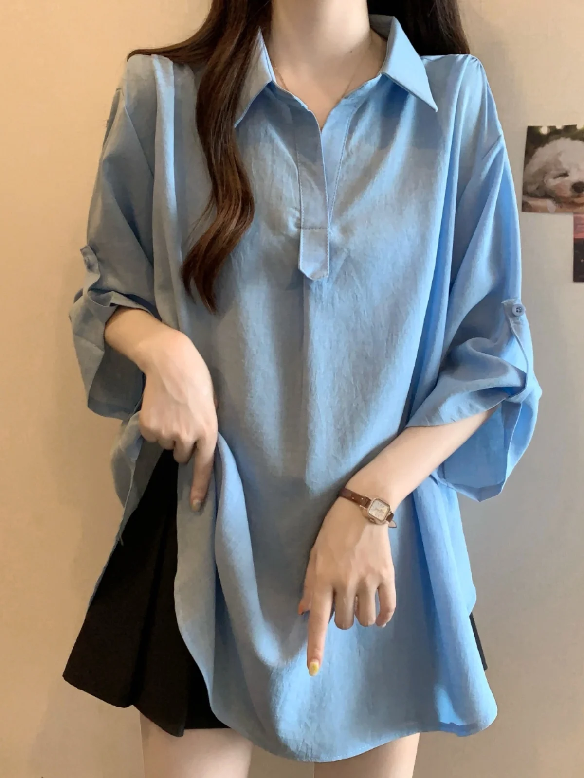 Blue Summer Loose Fit Sun Protection Shirt Women's plus Size Slimming Top Seven Sleeve Henry Collar Mid-Length T-Shirt
