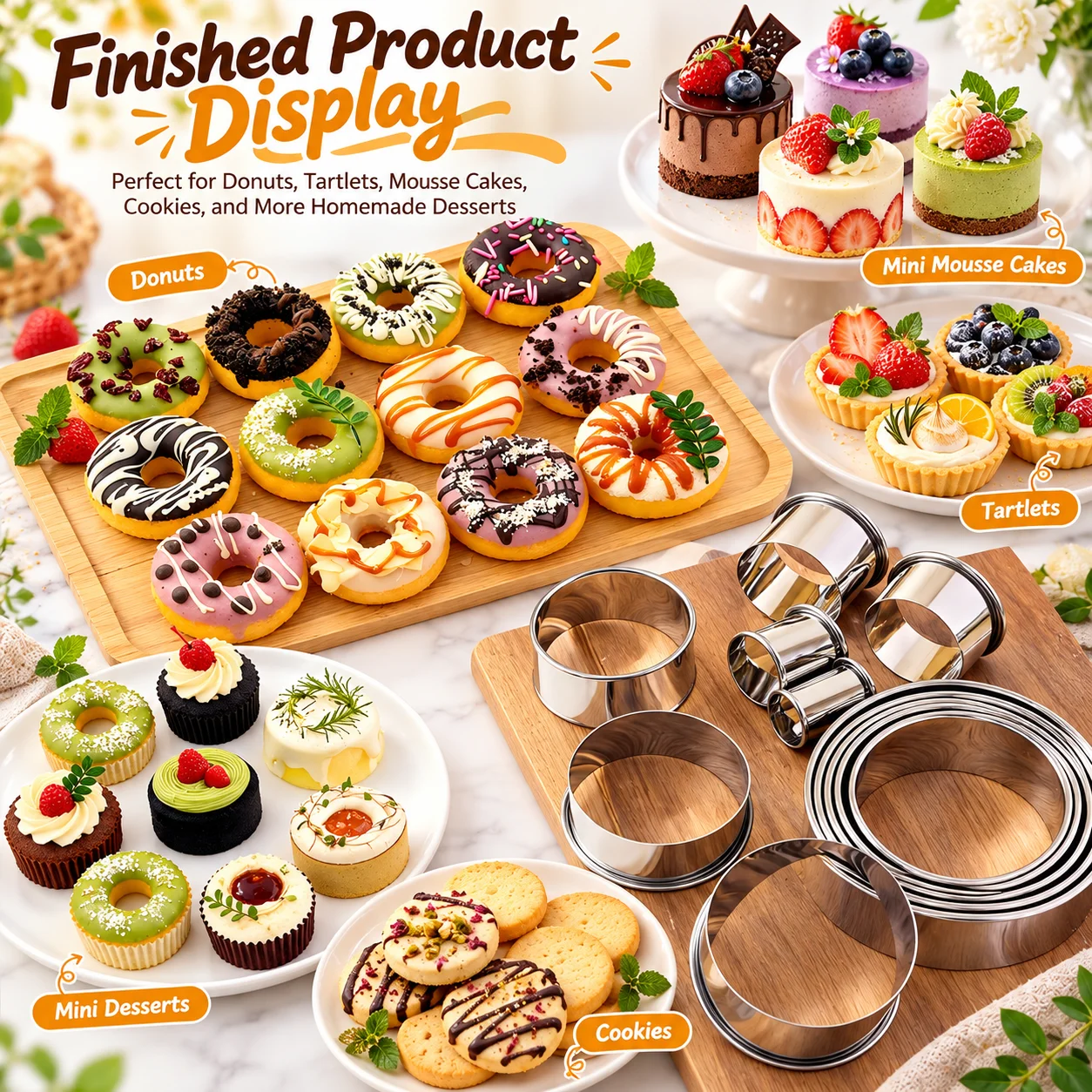 11/12-teiliges Mousse-Ring-Set aus lebensmittelechtem Edelstahl mit gerolltem Rand, leicht zu reinigen, runde Formen zum Formen von Fondant, Gebäck und Donuts für das Backen zu Hause – Detail 1