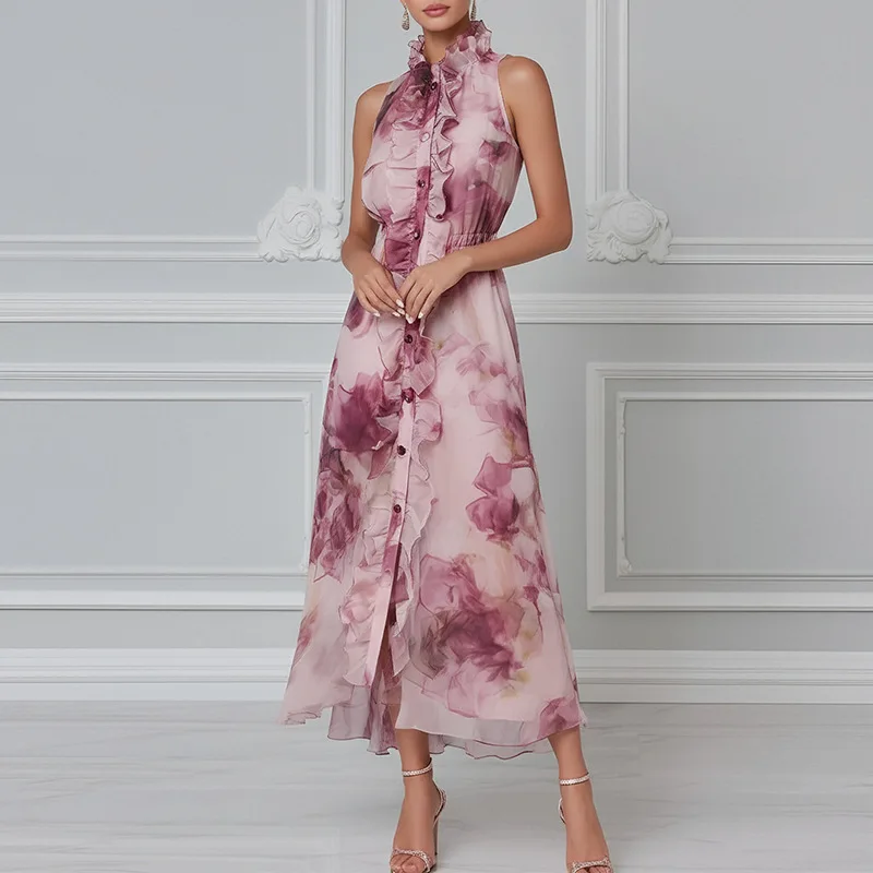 Spring Summer Women Print Ruffle Sleeveless Dress Dresses Elegant Fashion Matching Set