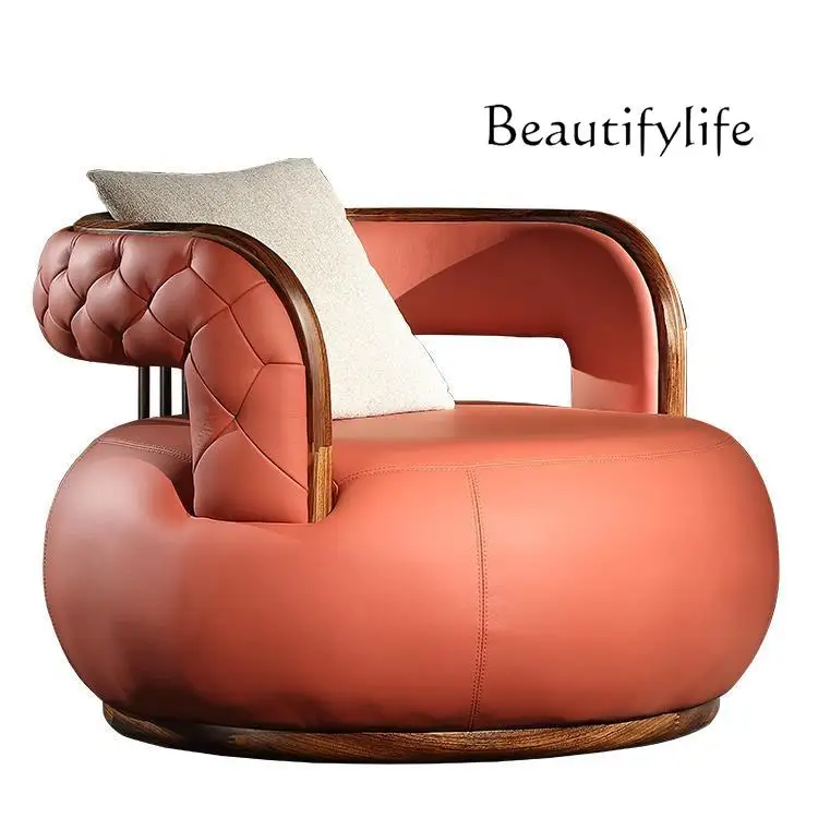 

Nordic Designer Leather Single Sofa Living Room Solid Wood round-Backed Armchair Leisure Wingback Chair Home Accessories