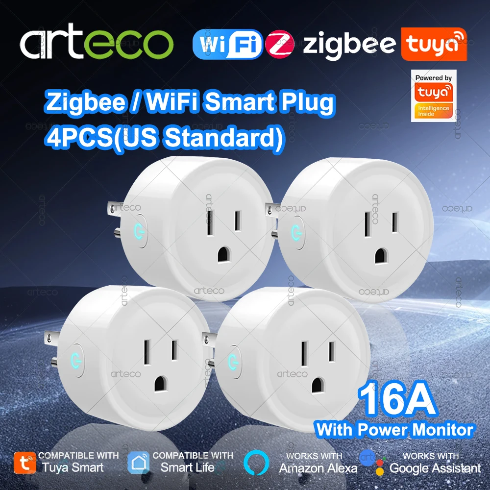 

4 шт. Tuya 16A Smart Plug Zigbee WiFi Стандартная розетка США Канада Мексика Вилка Мониторинг мощности работает с Alexa Google Assistant