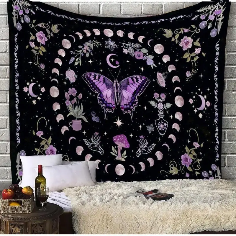 VIKAMA Purple Butterfly Moon Phases Tapestry Wall Hanging Floral Mushroom Witchy Celestial Aesthetic Wall Art Bedroom Dorm Decor