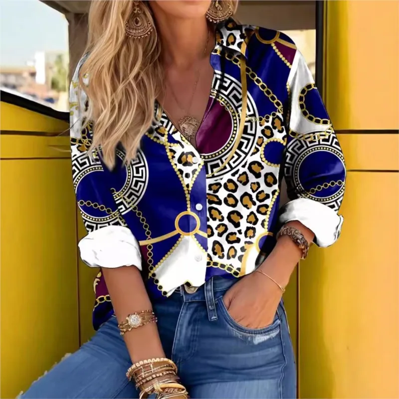 Women's Long Sleeved Shirt 2024 New Autumn Leopard Print Splicing 3D Digital Printing Button Lapel Casual Loose Women's Blouse