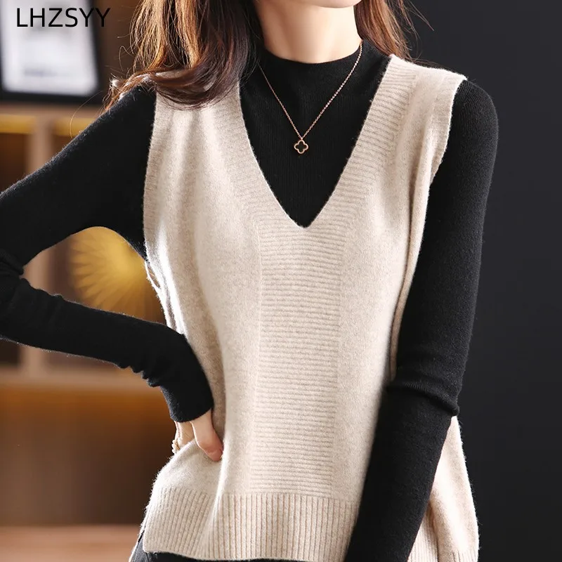 

LHZSYY Fashion knitted Waistcoat Ladies 100%Pure Wool Vest 2023 Autumn Winter New Sleeveless Sweater V-Neck Loose Blouse Jacket