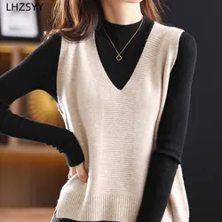 LHZSYY Fashion knitted Waistcoat Ladies 100%Pure Wool Vest 2023 Autumn Winter New Sleeveless Sweater V-Neck Loose Blouse Jacket