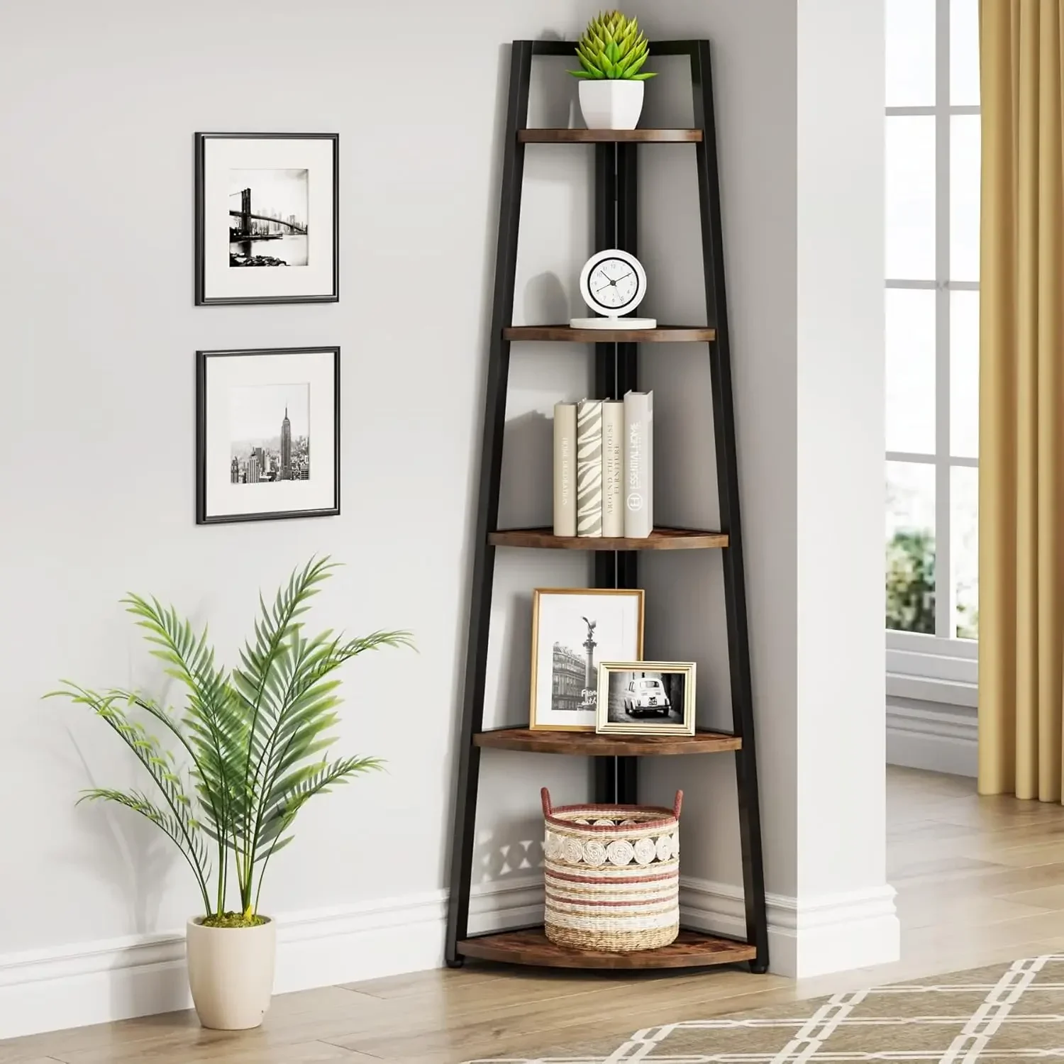 5 Tier Corner Bookshelf and Bookcase, 70 inch Tall Corner Shelves Standing Shelving Unit Indoor Plant Stand for Living Room