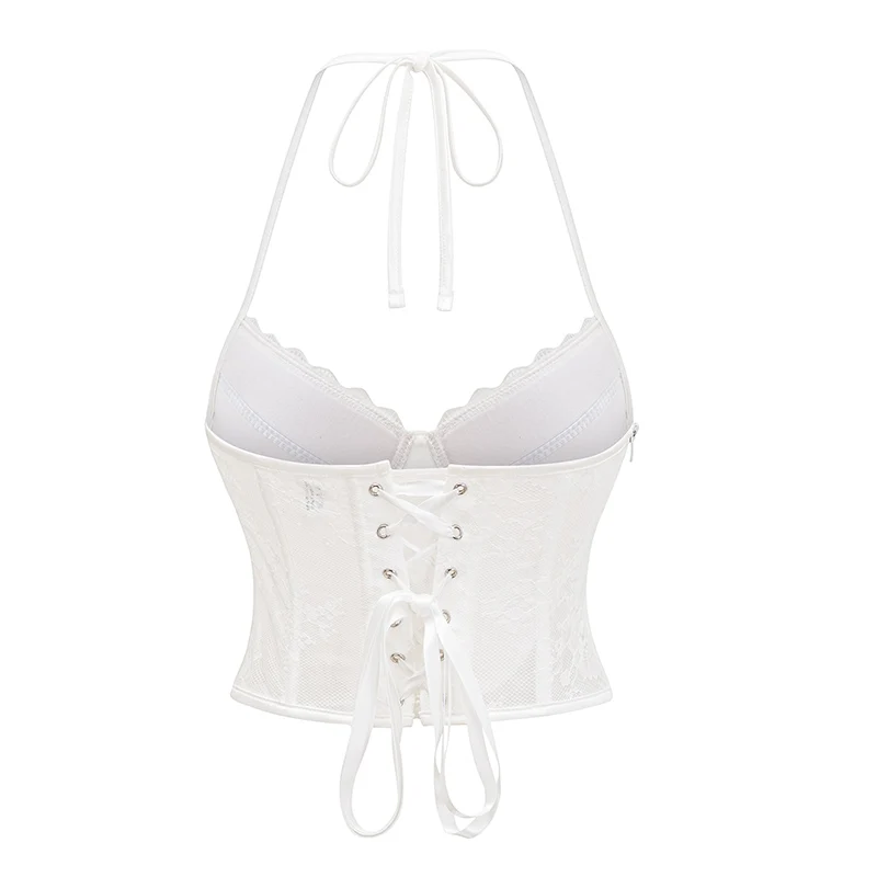 White Floral Lace Halter Neck Backless Shape Wear Lenceria Mujer Sexy Push Up Corset Top Women Gothic Bustiers & Espartilhos