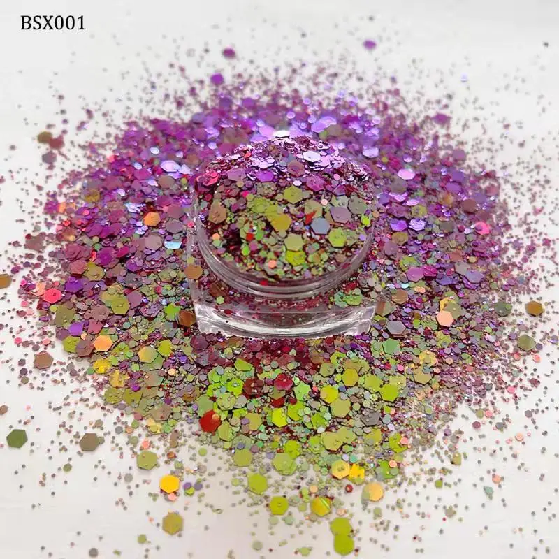 Chunky Hexagon Glitter para Nail Art, lantejoulas Laser, Brilhante Manicure Flocos Decoração, Mix Size, Sereia, 13 Cores, 50g por Saco