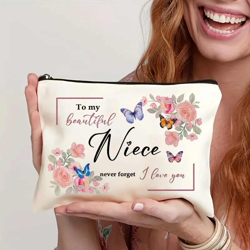 Flower Canvas Makeup Bag To My Beautiful Niece Butterfly Print Fade Resistant Zipper Portable Small Cosmetic Pouch Perfect Gift