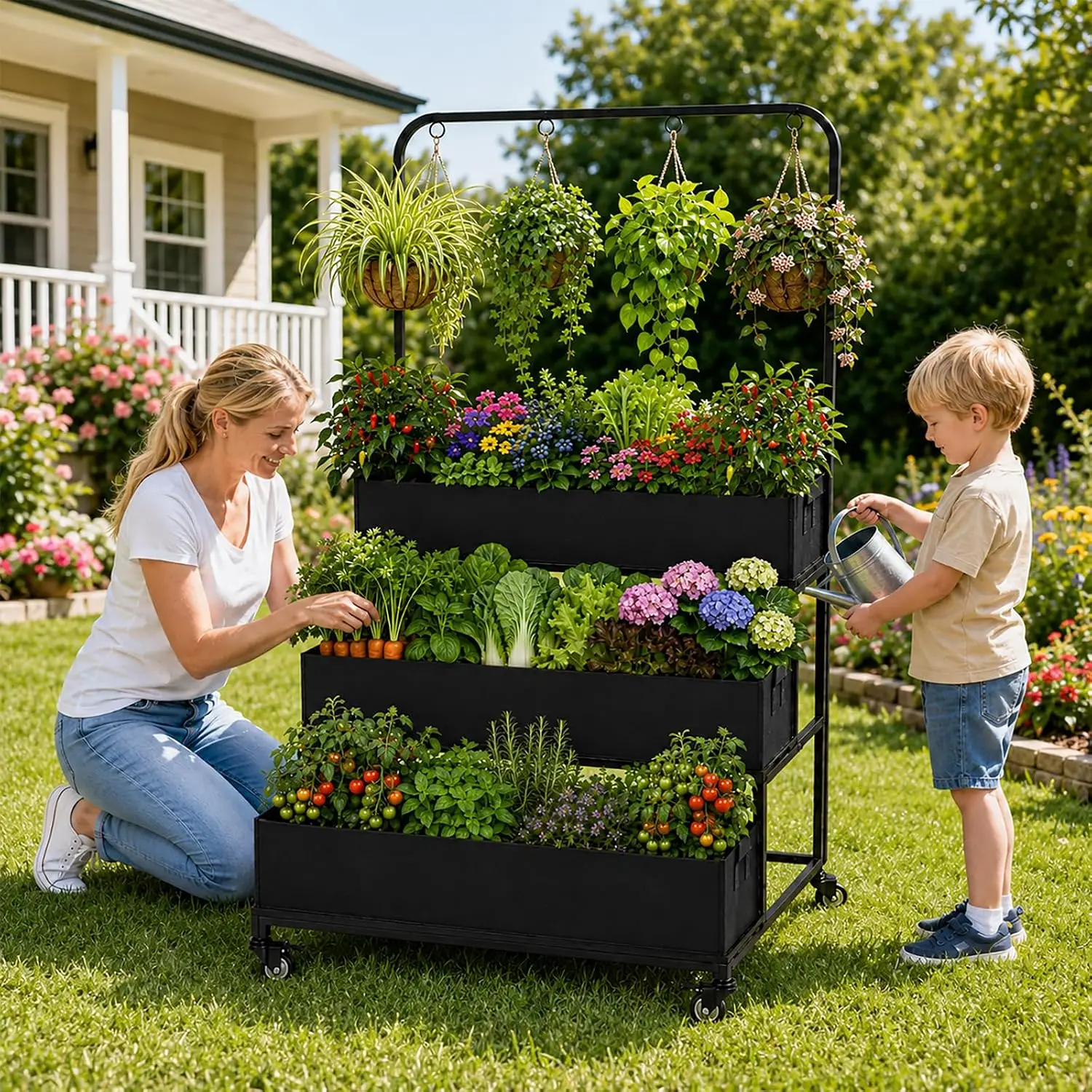 Vertical Garden Bed Mobile Raised Planter Stand Folding Plant Container With Wheels Fabric Grow Bags Metal Frame For Herb Vegetables Flowers Backyard Patio Deck Indoor Outdoor Use Black view 2