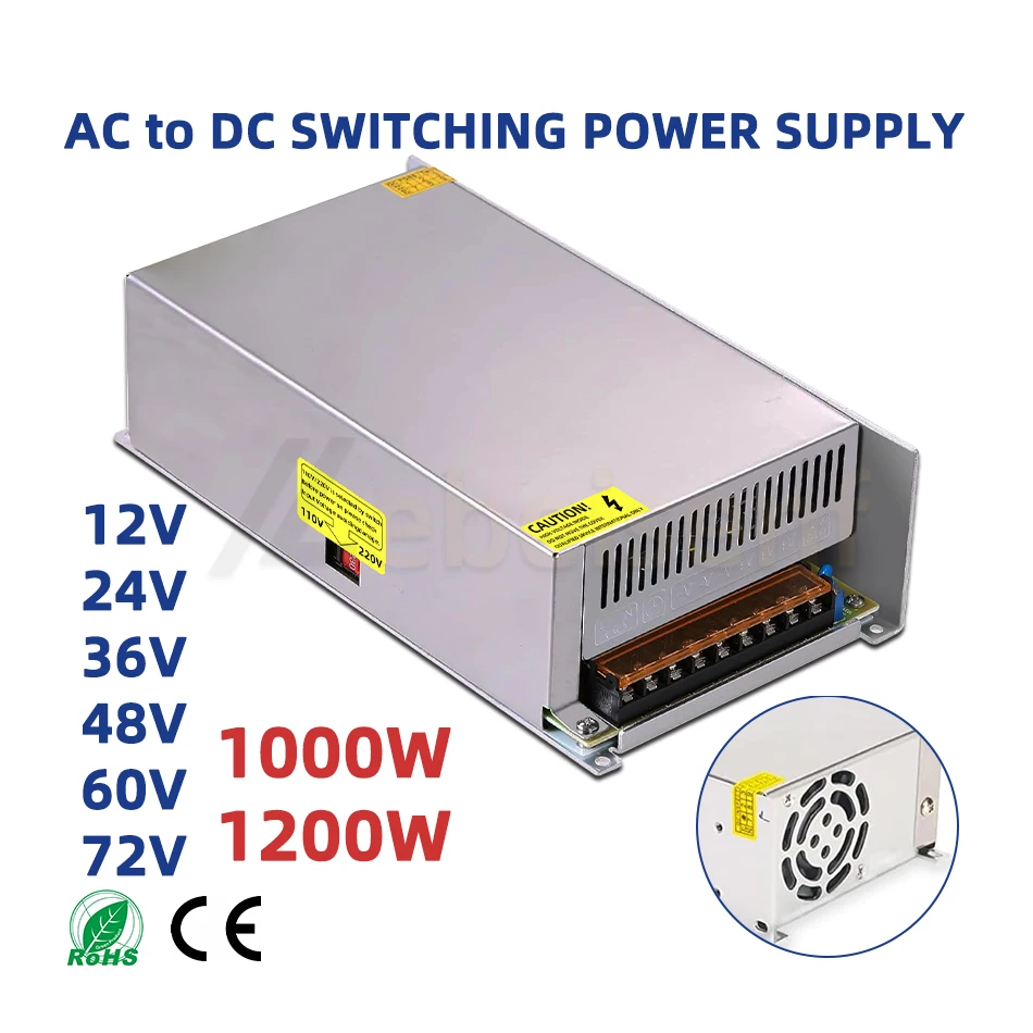 Switching Power Supply 1000W 1200W AC 220V to DC 72V 60V 48V 36V 24V 12V Voltage Converter Transformer SMPS Driver AC-DC Adapter