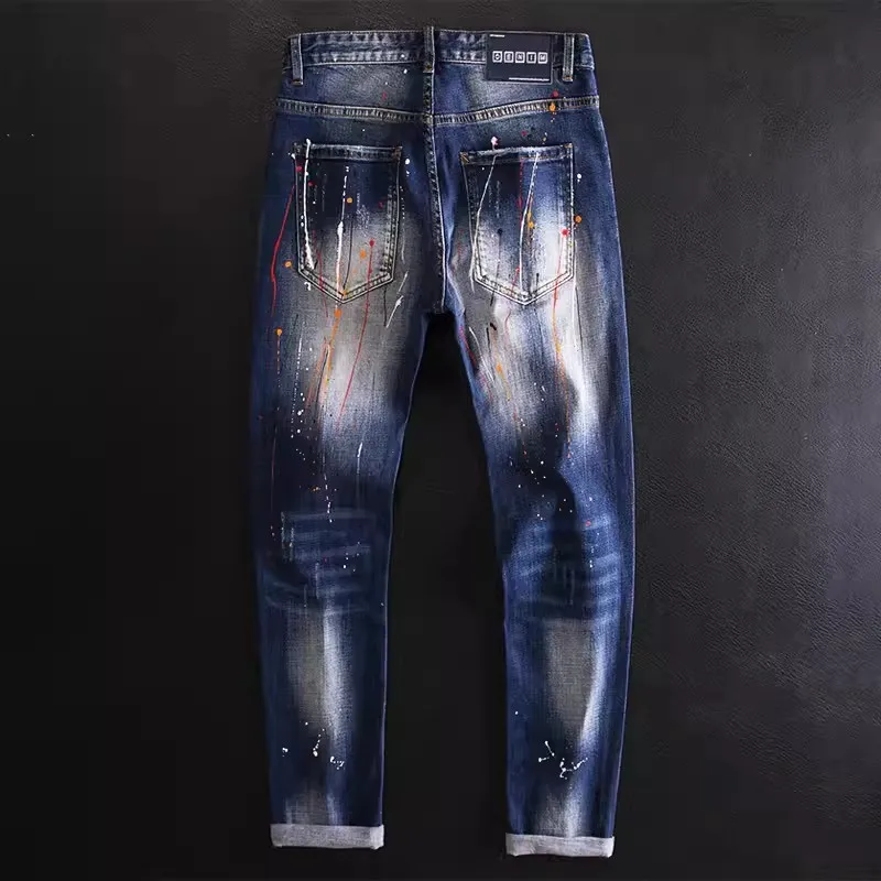 Jeans pria biru retro modis desainer terbaru, jeans belah ketat elastis, celana hip-hop lukis, CELANA retro pria, ho