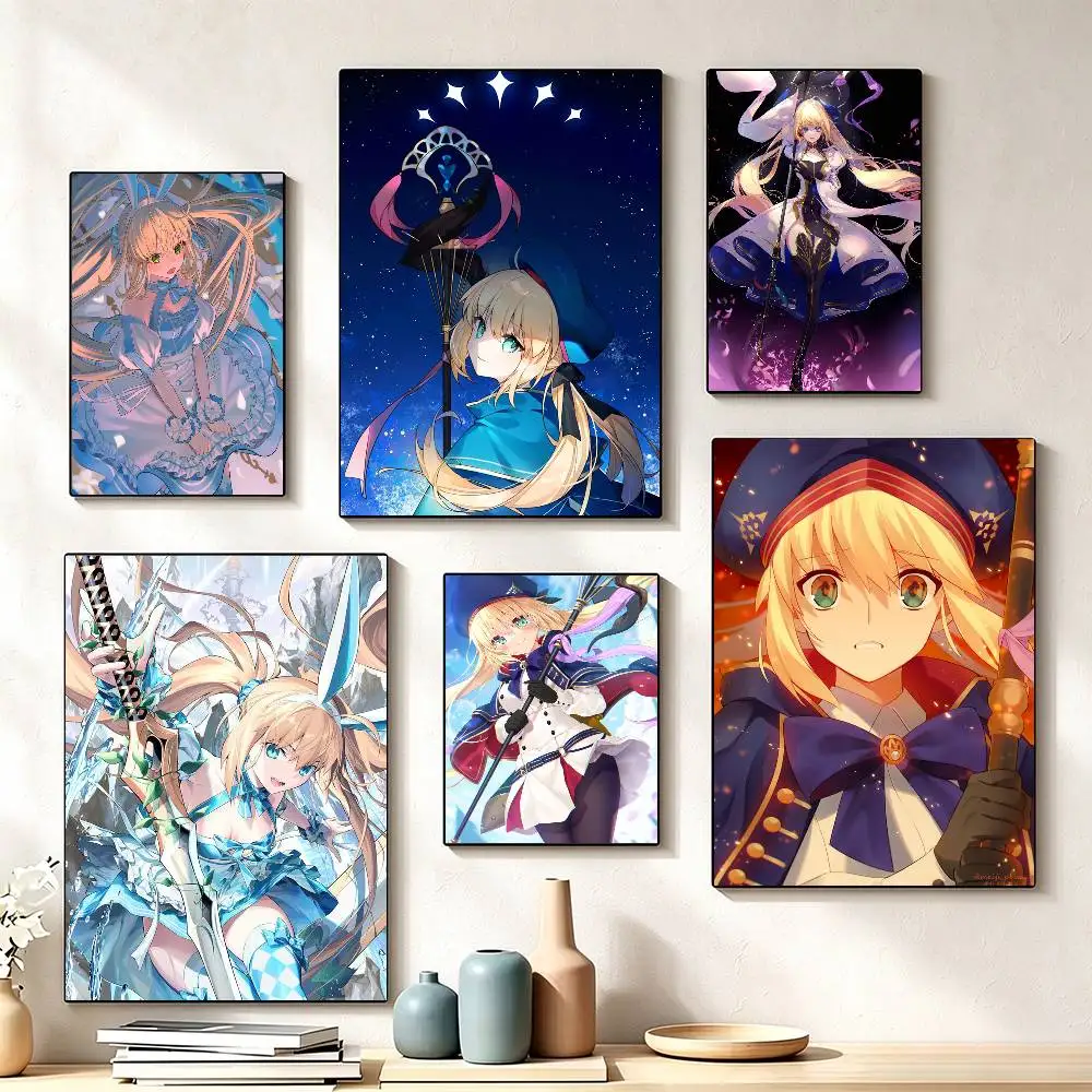 Game f-FGO Artoria Caster  Poster Waterproof Wall Art Sticker For Bar Living Room Vintage Decor High Quality Print Gift