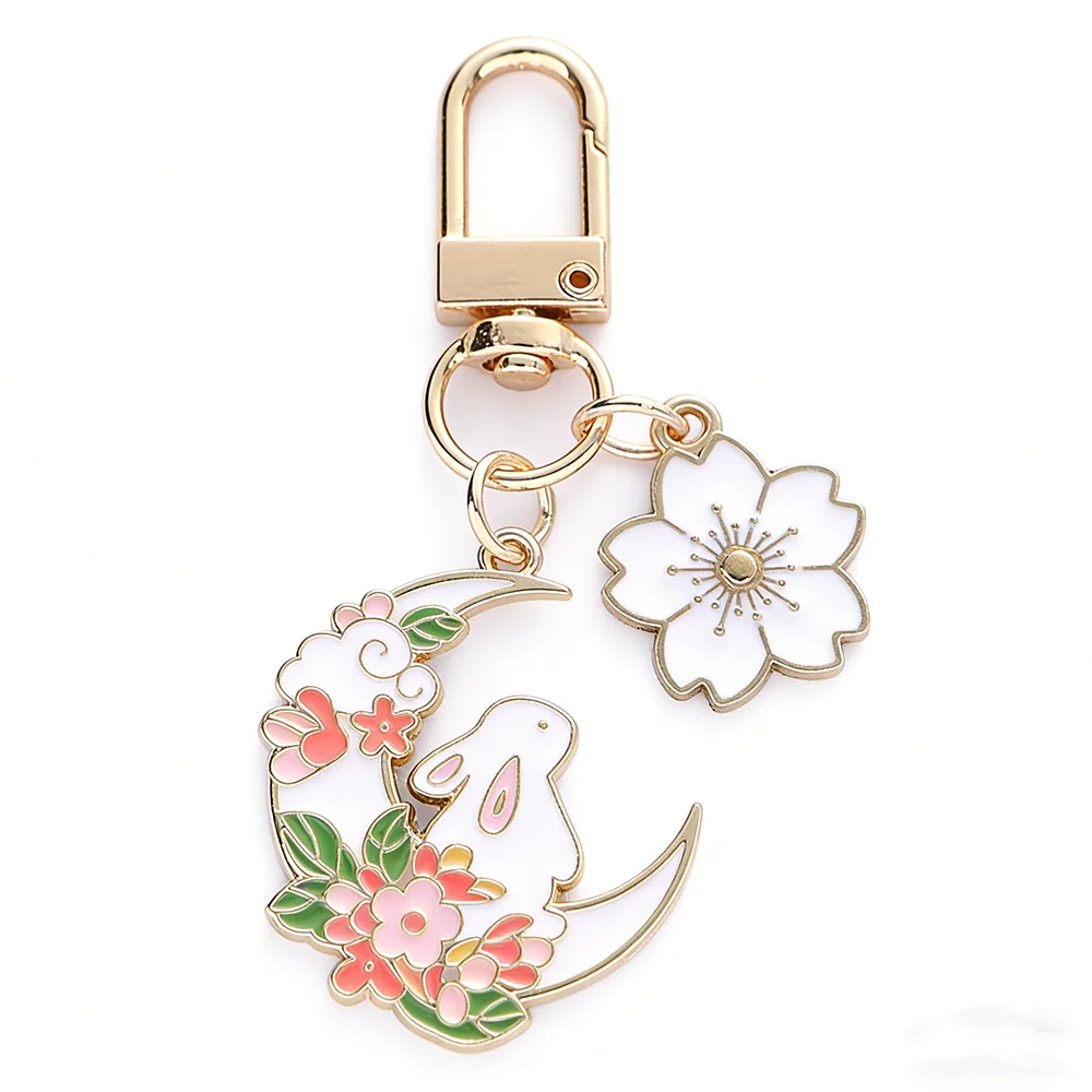 Mode Niedlichen Mond Kirsche Kaninchen Schlüsselbund für Frauen Süße Cartoon Emaille Gold Farbe Schlüssel Kette Tasche Auto Schlüssel Dekoration Mädchen Geschenk – Detail 4