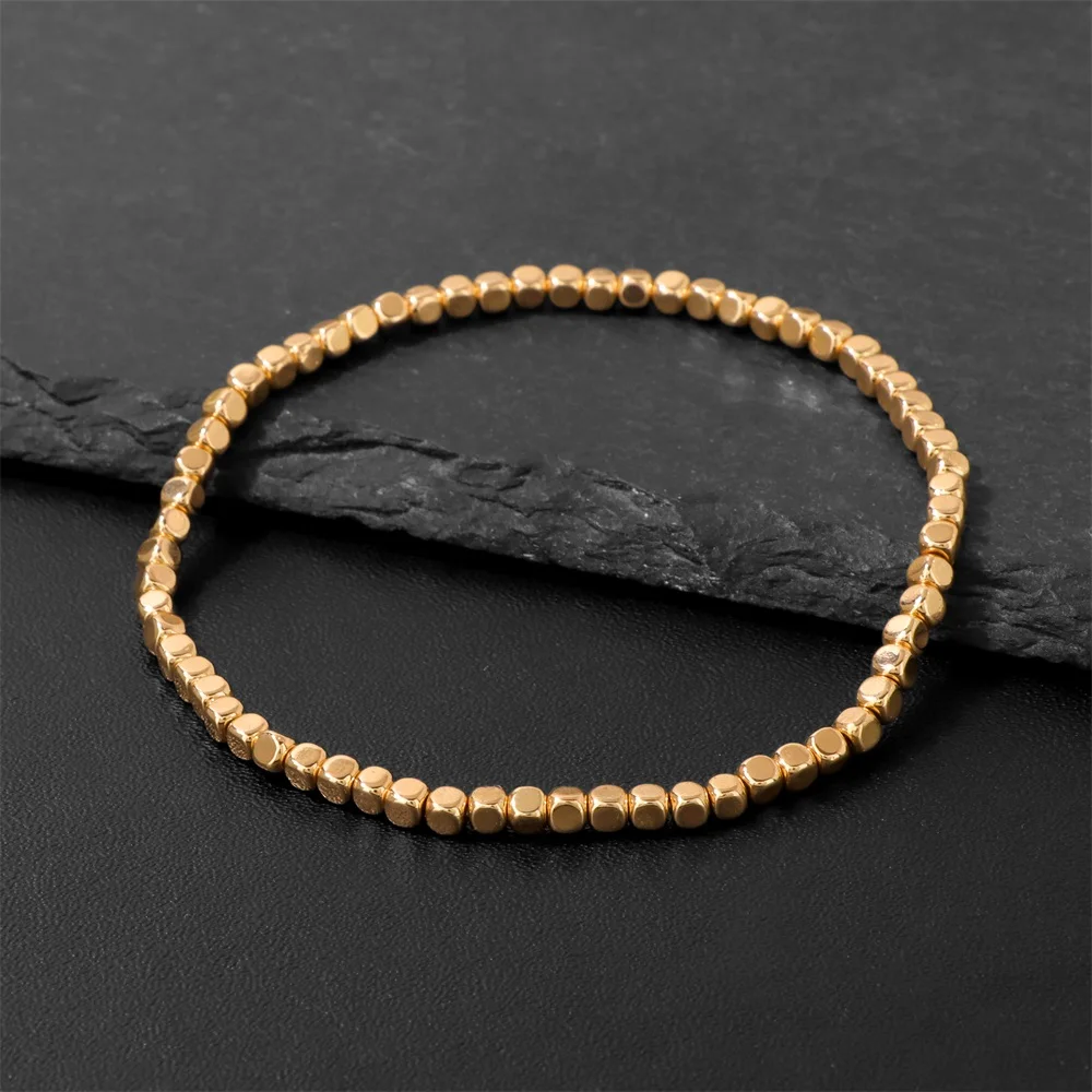 2-3MM Cube Hematite Stone Bead Bracelet Natural Gold Color Green Square Hematite Bangle Fashion Healing Energy Jewelry Gift
