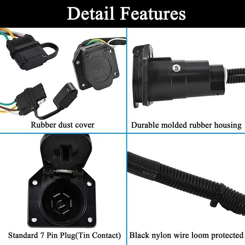 4-Way Flat To 7-Way Round Blade And 4 Way Trailer Wiring Harness Adapter Vehicle-Side 4 Pin To Trailer-Side 7 Pin