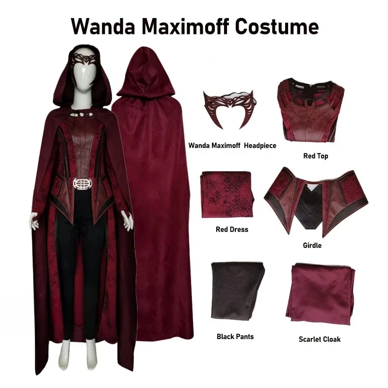 

Wanda Maximoff Costume Scarlet Cloak Witch Headpiece Full Sets Red Cape Tops Pants Outfits Halloween Cosplay Accessoryc;6,r'8;p'