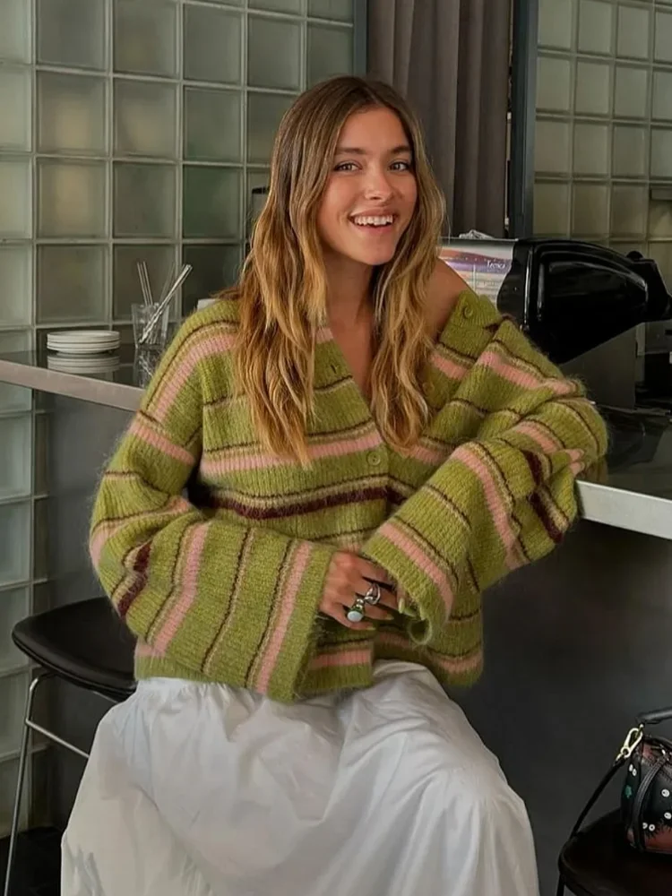 

Элегантный полосатый женский свитер с v-образным вырезом, однобортный свободный вязаный женский кардиган, осень 202, повседневное женское пальто с длинными рукавами, топы