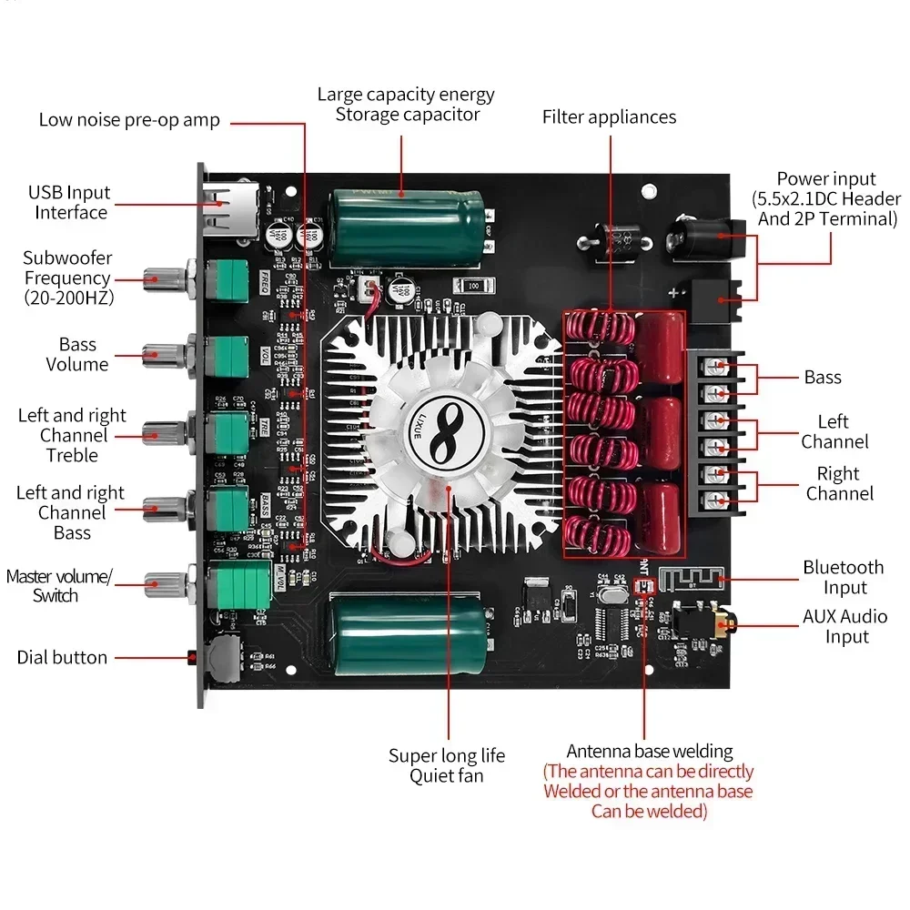 Módulo amplificador de potencia digital Bluetooth ZK-HT21 2,1 canales TDA7498E, tono alto, paso bajo, neutro, sin logotipo