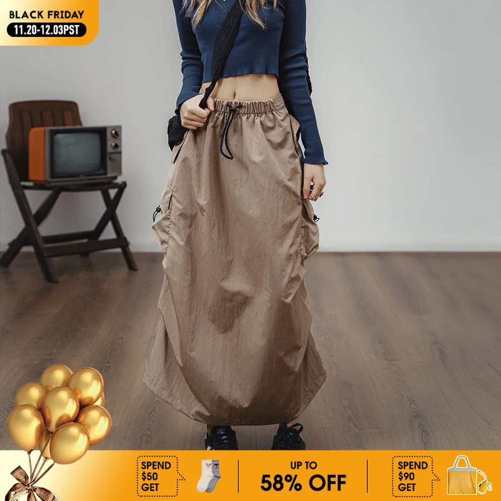 

Maden Women Vintage Workwear A-line Skirts Multi-Pocket Tie Draw Pleat Skirt Mid-waist Loose Skirt Spring and Autumn Street Wear
