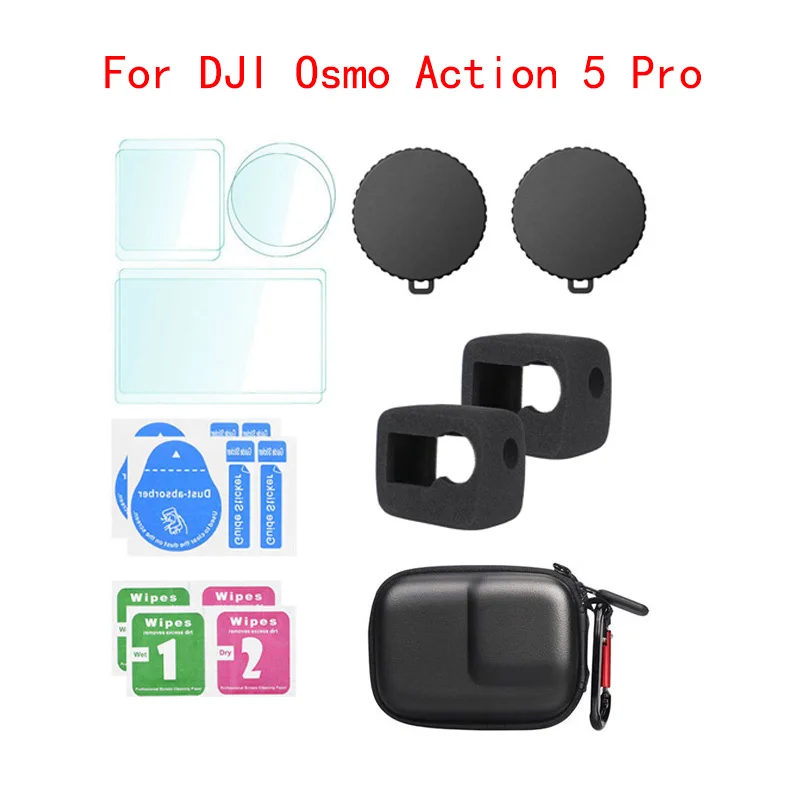 Anti-scratch 9H Tempered Glass Film for DJI Osmo Action 5 Pro Camera Accessories Mini Bag+Lens Protective Case+Windslayer Cover