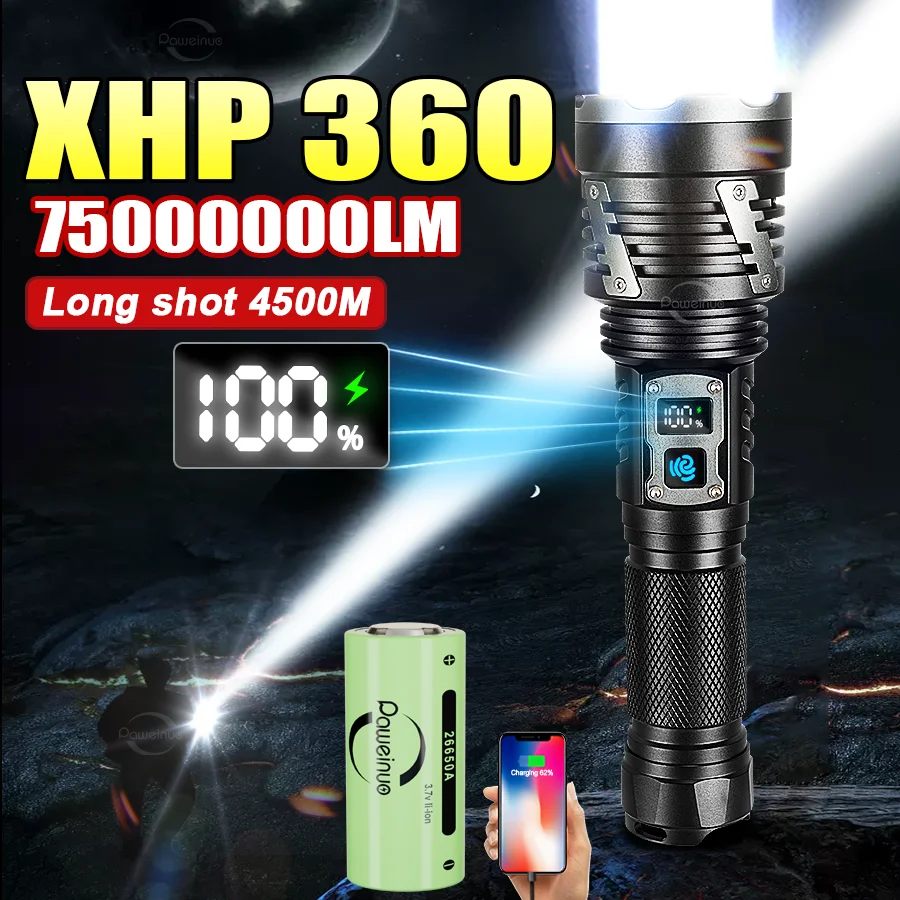 

75000000LM Самый мощный светодиодный фонарик XHP360 Ультра яркий перезаряжаемый портативный фонарь 26650, уличный фонарь для кемпинга, рыбалки