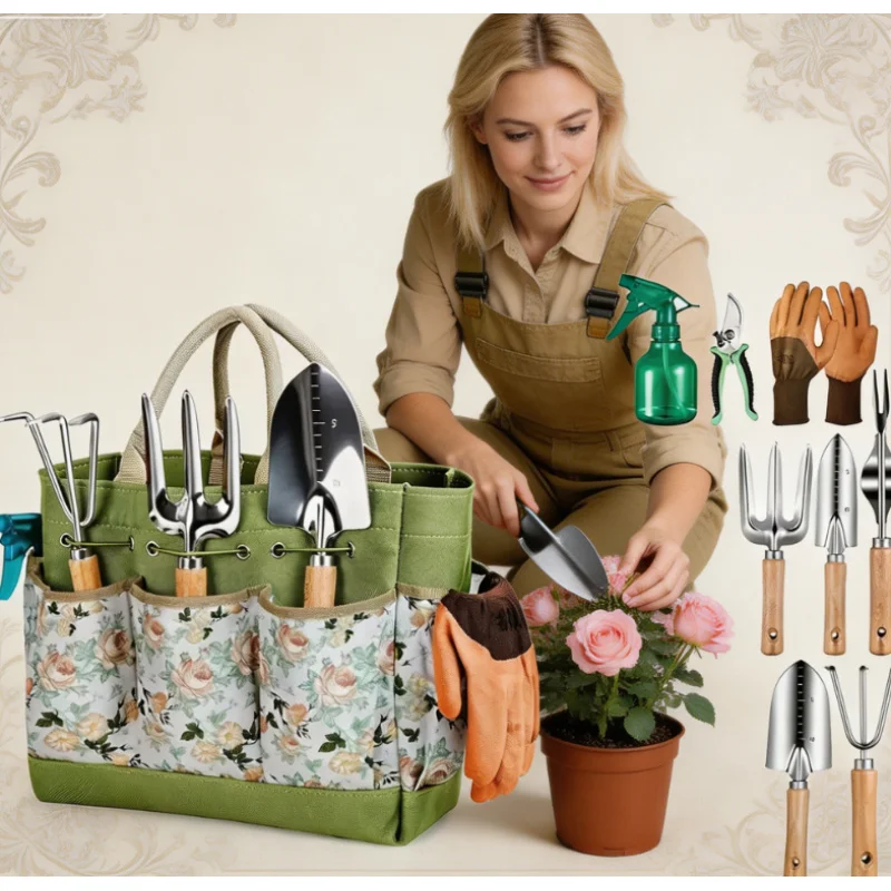 

9-Piece Heavy Duty Garden Tools Set with Organizer Handbag,Rust-Proof Gardening Gifts for Women, Fashion Garden Hand Tool