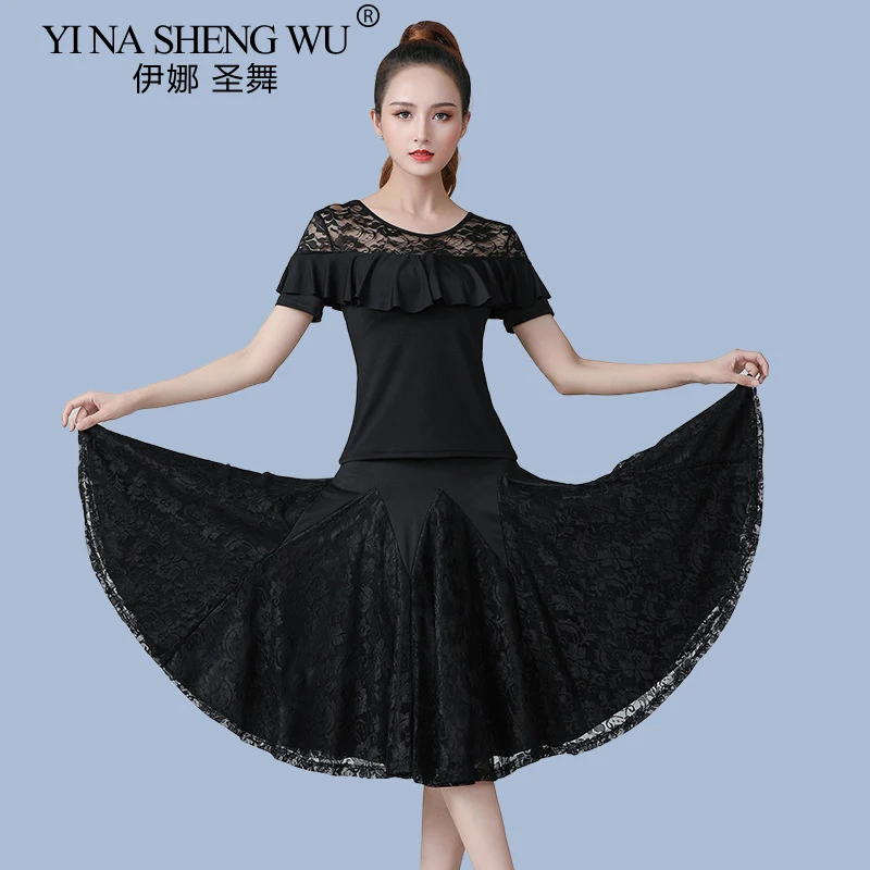 Nowy strój do tańca latynoamerykańskiego Koronkowy krótki rękaw Sukienka do tańca towarzyskiego Trójkrokowy strój do tańca Strój do występów tanecznych Zestaw 2-częściowy Top Spódnica