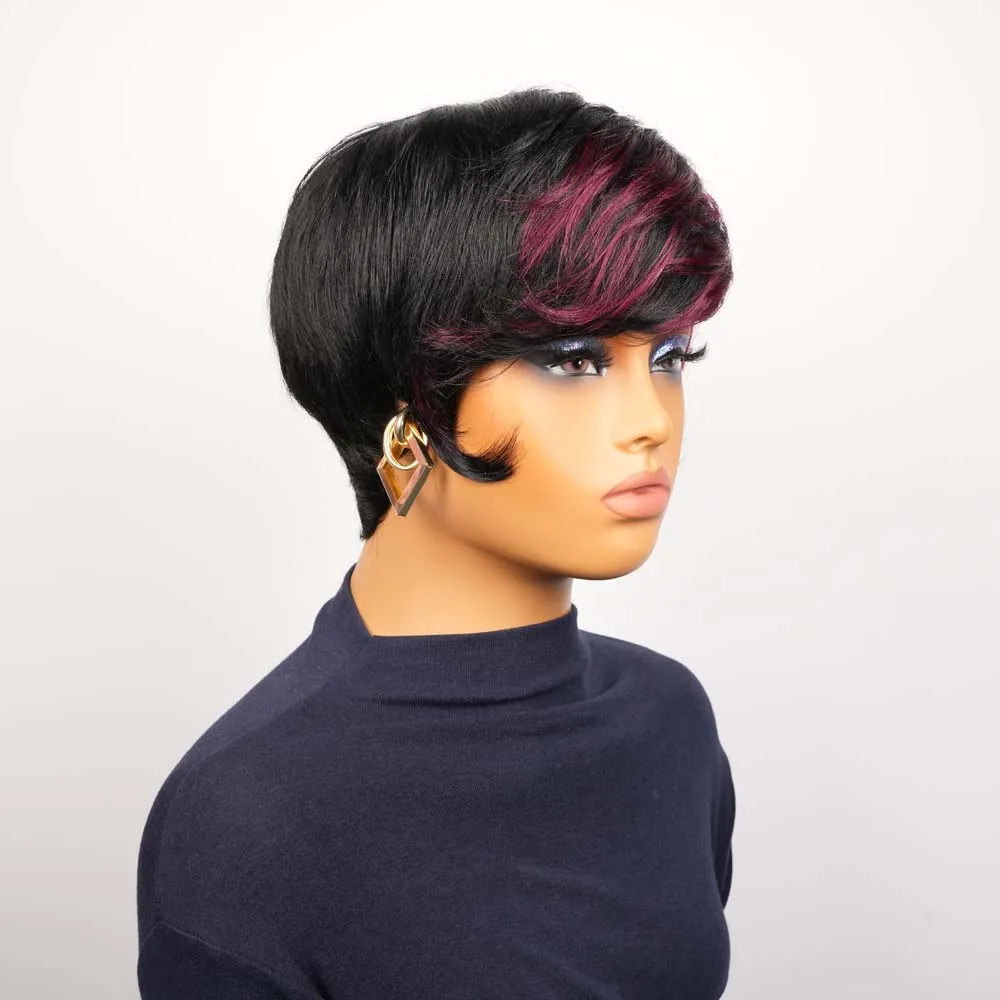 짧은 스트레이트 픽시컷 가발 블랙 버건디 보브 가발 앞머리 포함 기계 제작 브라질 레미 인모 가발 흑인 여성용