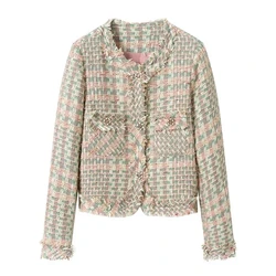 Blazer court en tweed à manches longues pour femmes, manteau imbibé de carreaux doux, manteau de fête classique pour dames, automne, nouveau, 2022