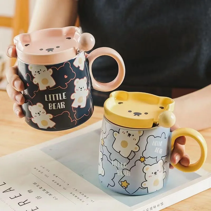 

Cute Bear Coffee Cup Creative Cartoon Ceramic Mug with Lid Spoon Water Cup Household Milk Breakfast Cup Friend Gift