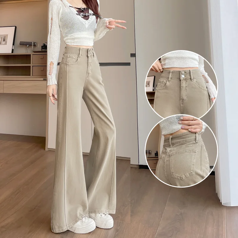 Women Solid Color Loose High Rise Simple Casual Floor Length Jeans Pants Four Seasons New Fashion Denim Trousers Bottom Clothes
