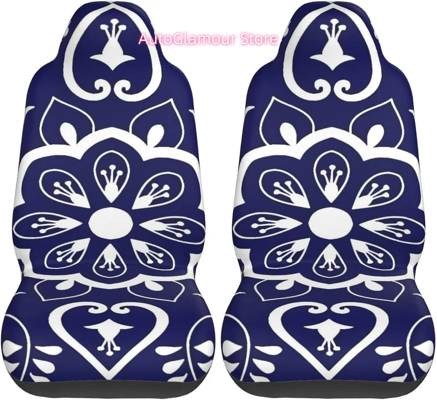 Tile Ornaments Blue and White Floral Motifs Universal Car Seat Covers 2-Piece Set - Stretch-to-Fit Front Seat Protectors for Car