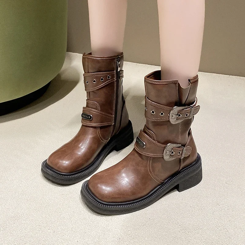 Fashionable Square Head Maillard Western Cowboy Spicy Girl Style Thick Soled Boots Motorcycle Short Boots Pile Up Boots