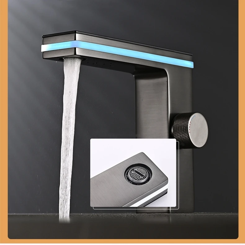 Digital Display LED Ambient Light Bathroom Faucet Single-Hole Cold Hot Water Washbasin Vanity Basin Faucet