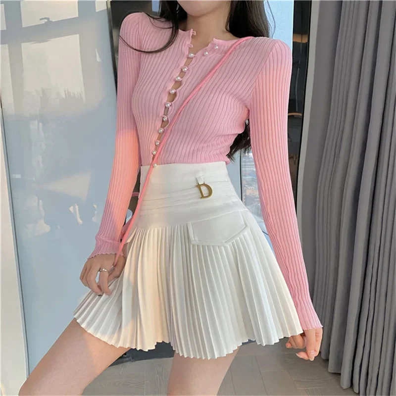 White Pleated Skirt Women  High Waist Skater Skirt Female Korean A-Line High Fashion Casual Short Skirt Women Bottoms