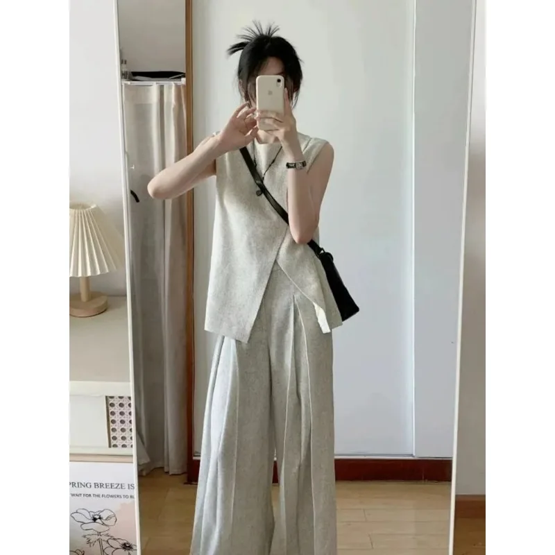 Elegant Sleeveless Vest Wide Leg Pants Two Piece Set Women Summer Korean Loose Old Money Casual Outfit