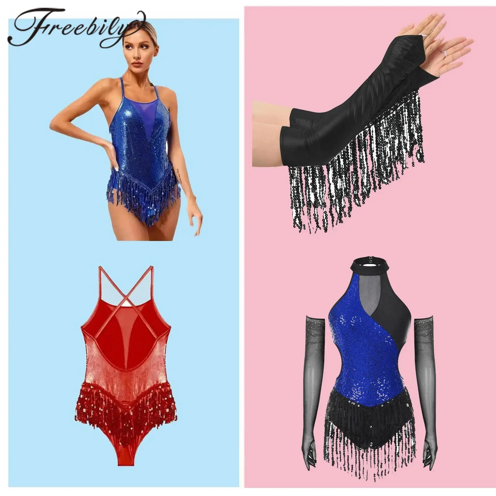 

Women Samba Latin Dance Fringed Costume Rumba Sequins Leotard with Gloves Ballroom Tango Bodysuit Cha-Cha Stage Performance Wear