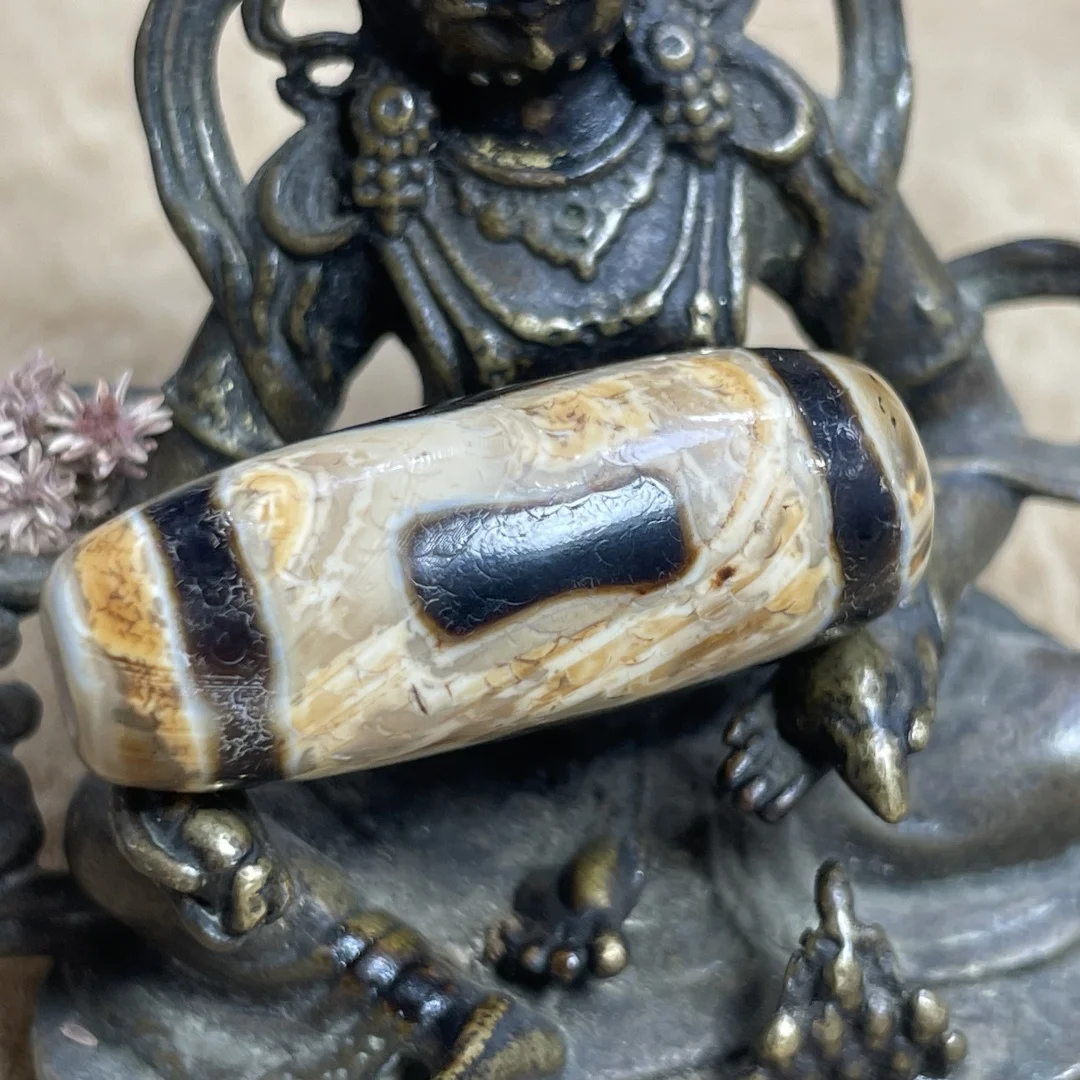 Energy Ancient Tibetan Old Agate The Great Pure Grey Leather Heaven and Earth Dzi Bead Amulet Pendant Gzi Beads 12x32mm