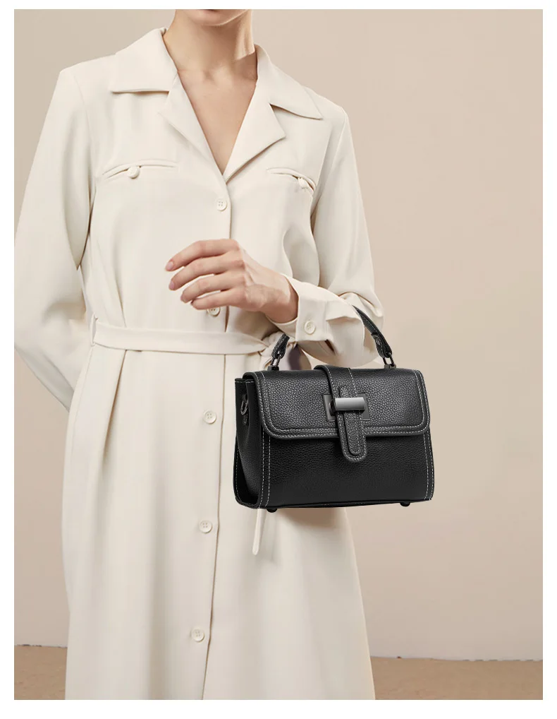 Aidrani 2026 Commuter Litchi Grain Hochwertige Kleine Schultertasche aus Leder für Damen mit Schnalle, Schwarze Kleine Quadratische Tasche – Detail 2