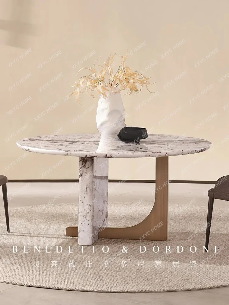 

Мраморный обеденный стол и стул, сочетание минималистичного света, роскошного элитного роскошного каменного круглого стола, вращающейся пластины